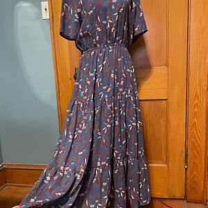 Bohme Blue and Red Maxi Flutter Sleeve Dress